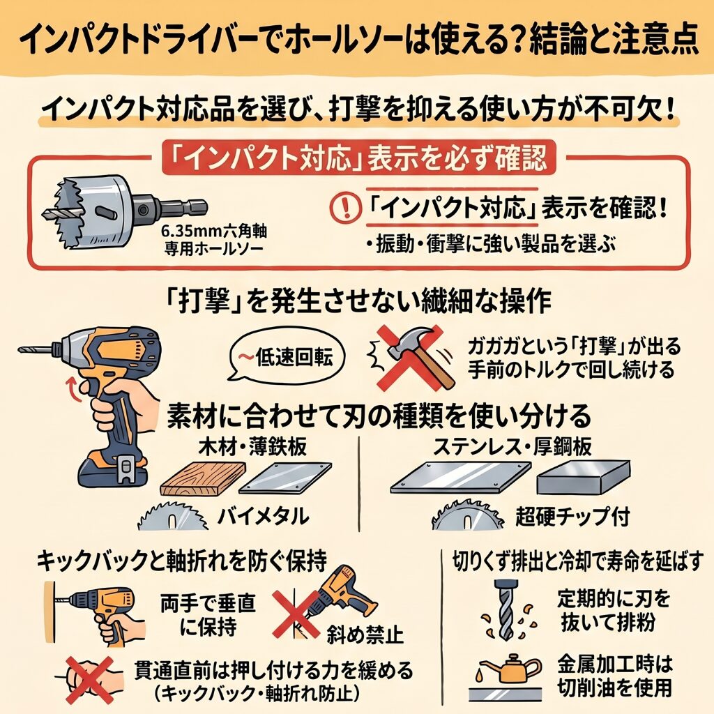 インパクトドライバーでホールソーは使える？結論と注意点
