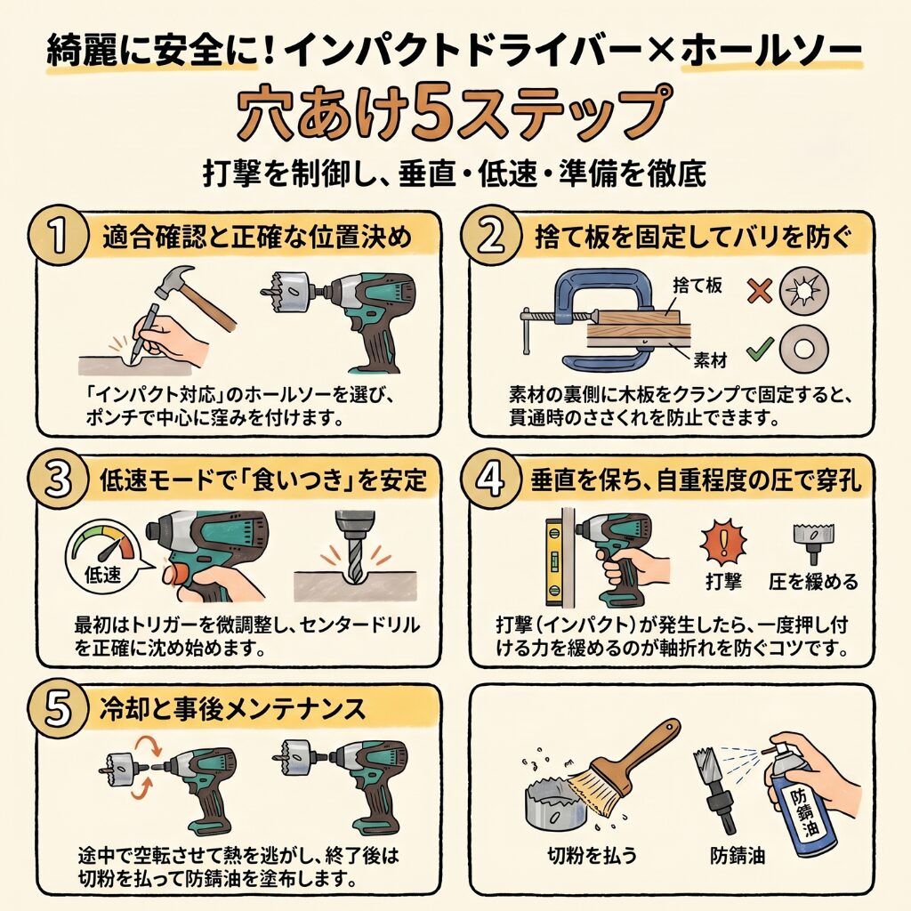 綺麗に安全に！インパクトドライバーとホールソーを使った穴あけ手順