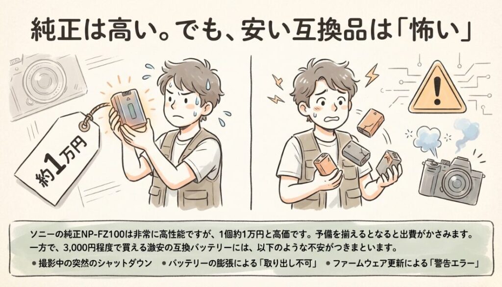 NP-FZ100の互換バッテリーのリスクと注意点