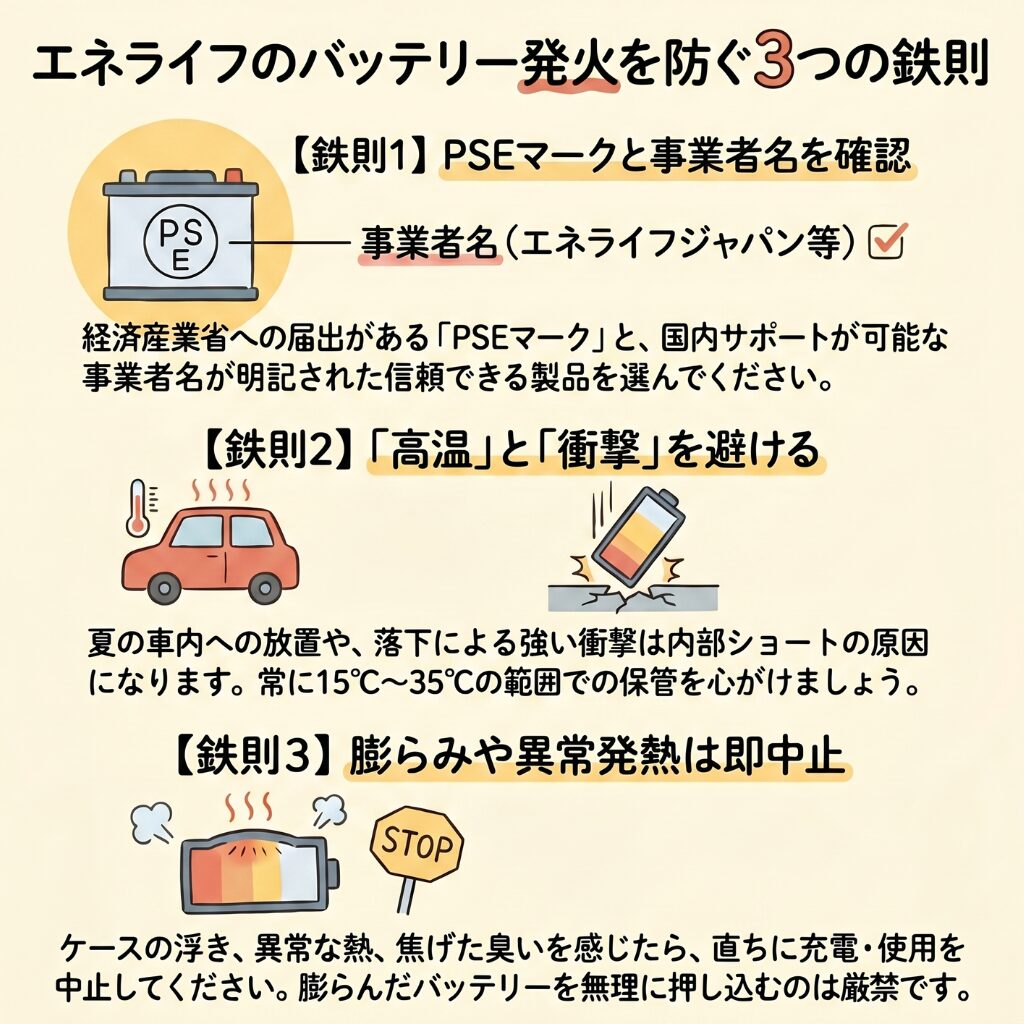 エネライフのバッテリーの発火を防ぐ3つの鉄則