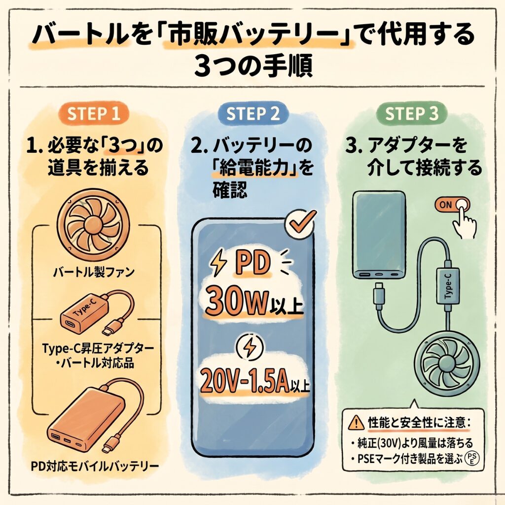 バートルバッテリーを市販のモバイルバッテリーで代用する方法
