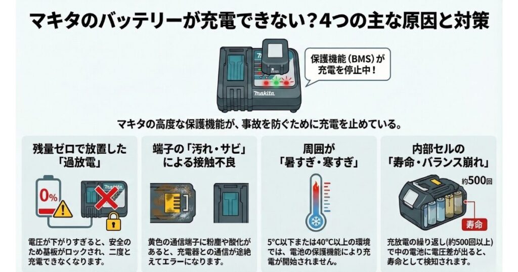 マキタのバッテリーが充電できない主な原因