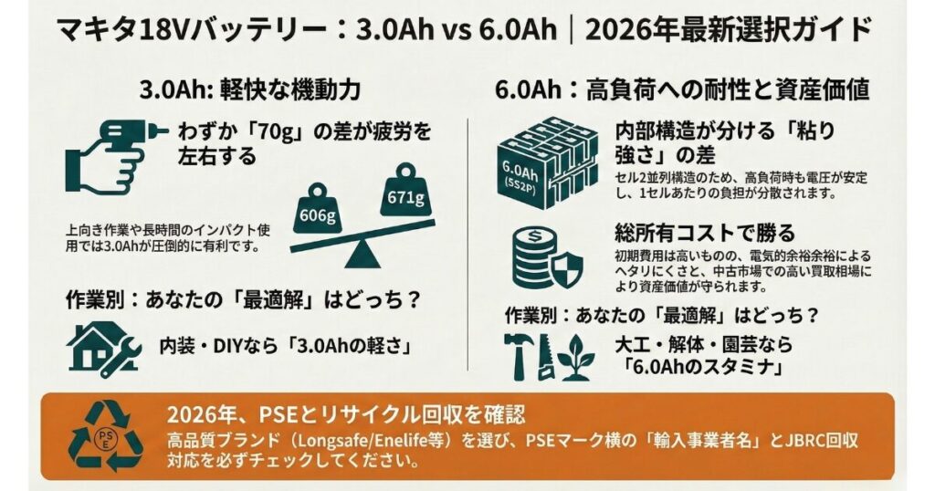 マキタバッテリー18Vで3Ahと6Ahの違いと比較