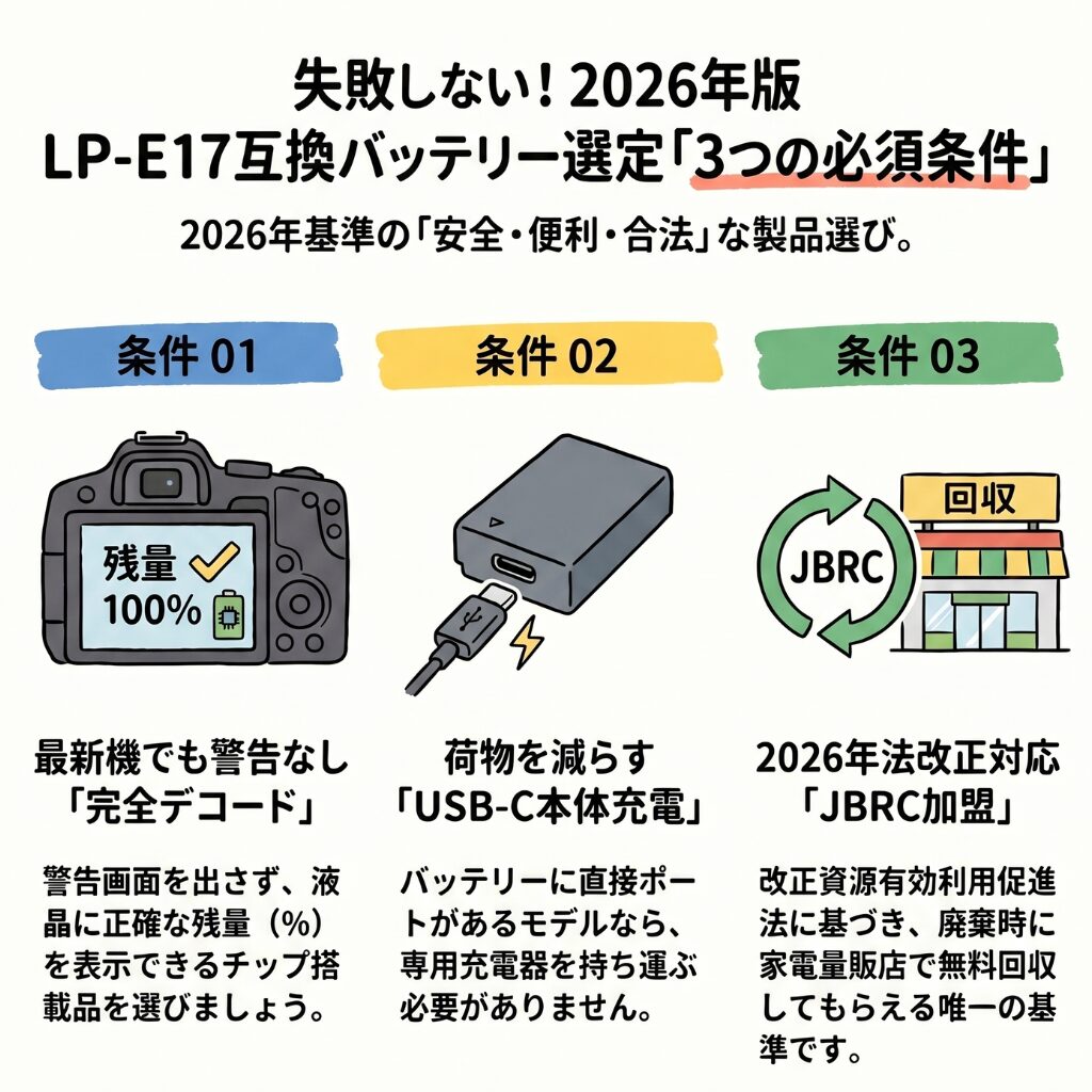 おすすめのLP-E17互換バッテリーを選ぶための「3つの必須条件」