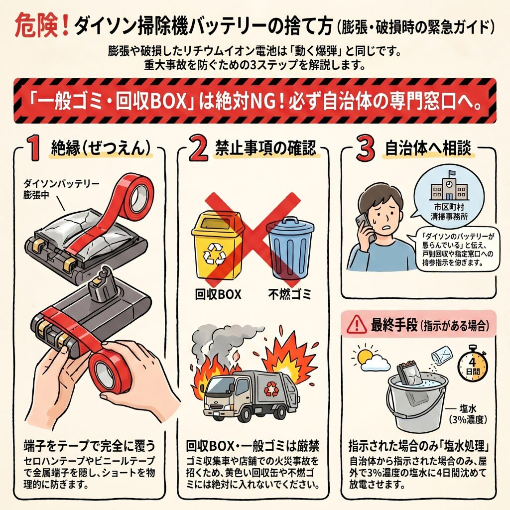危険なダイソン掃除機のバッテリーの捨て方（膨張・破損時）