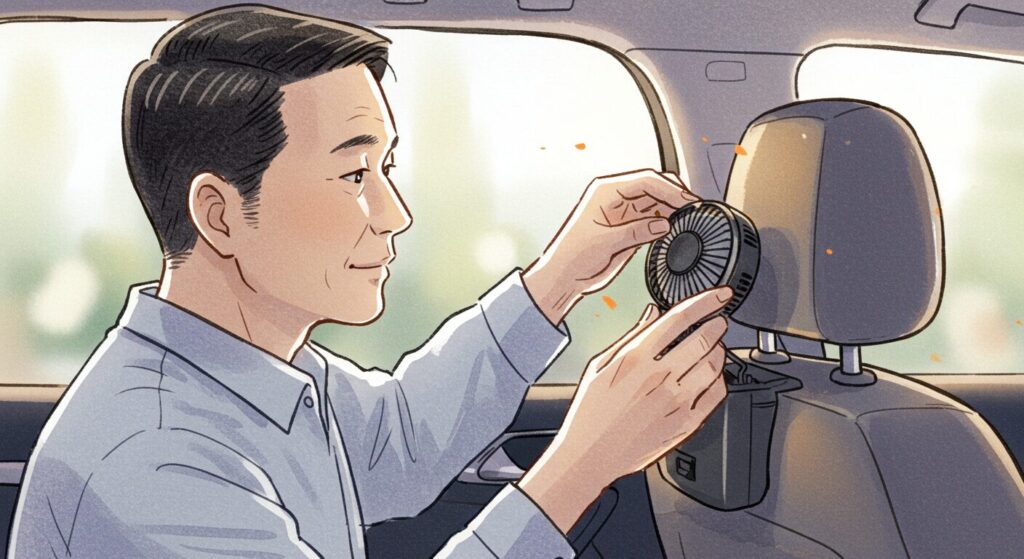 車内でチャイルドシート用扇風機をどこにつけるかの実践
