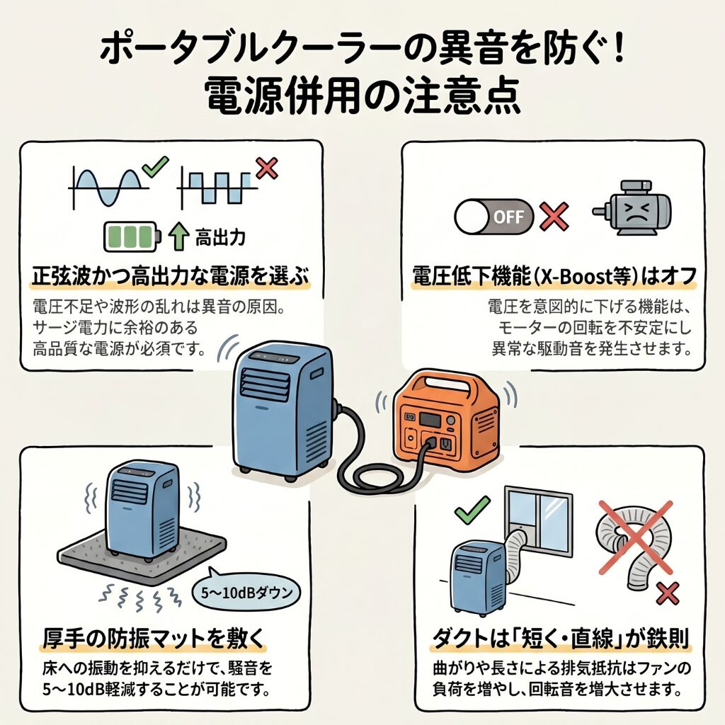 ポータブルクーラーのうるさい異音を防ぐ！電源併用時の注意点