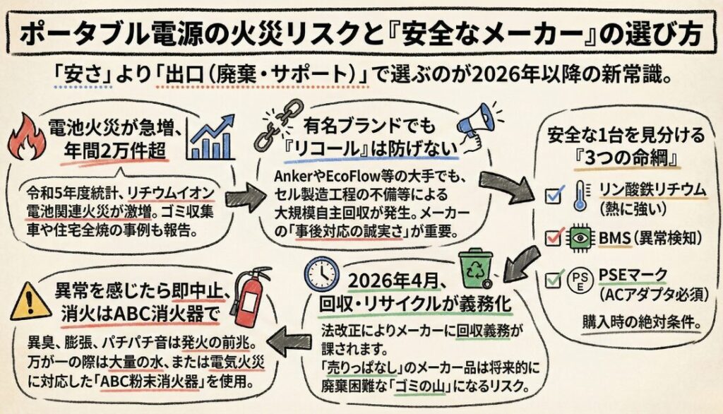 ポータブル電源の火災事故を防ぐメーカー選び