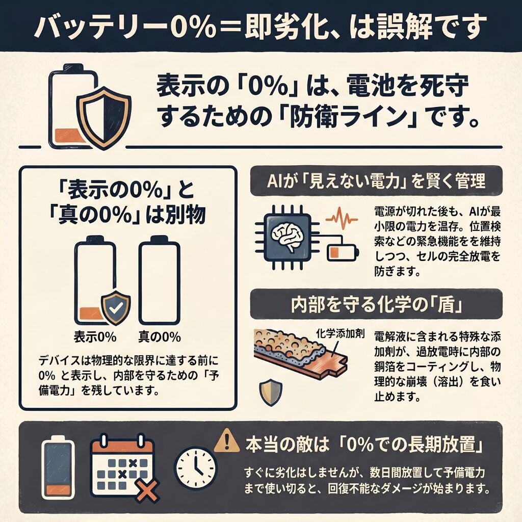 結論：バッテリーが0パーセントになっても、すぐには劣化しない