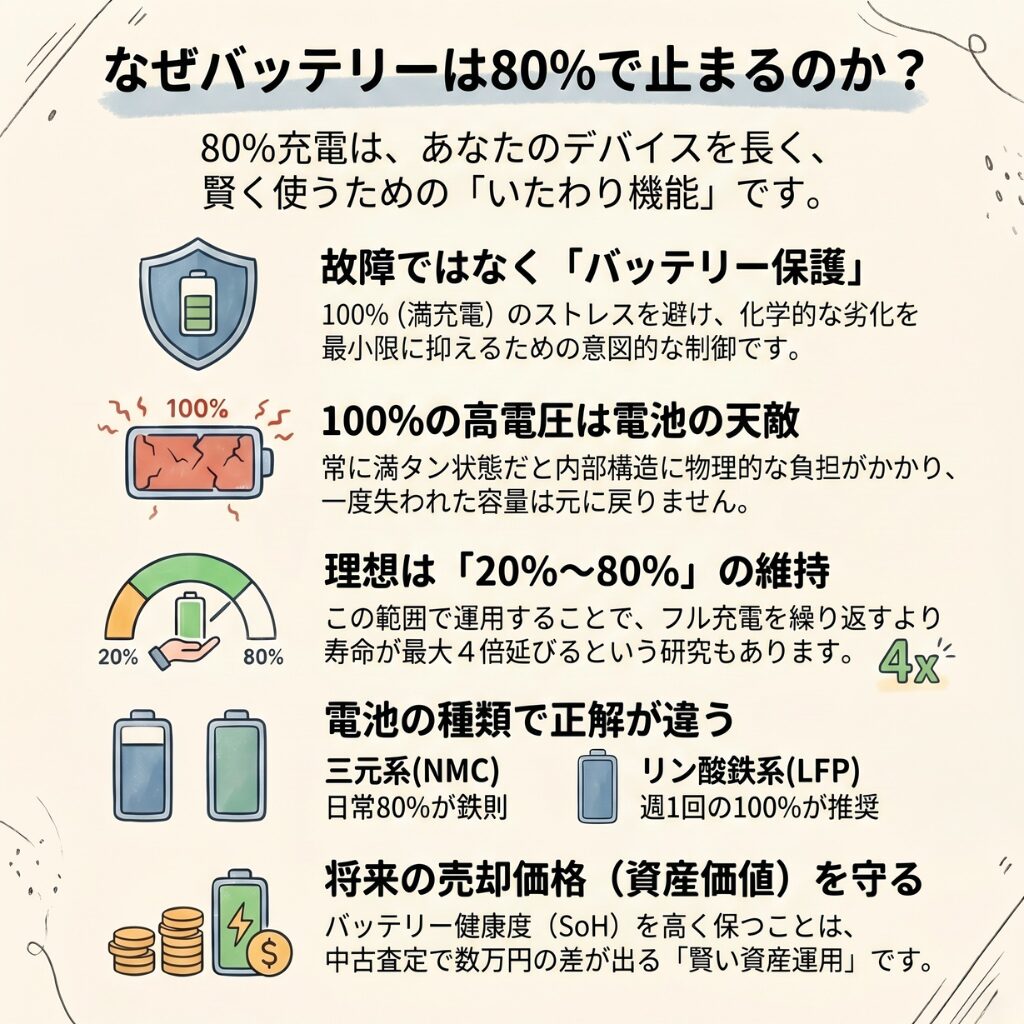 なぜバッテリーが80パーセントで止まるのか？その理由と仕組み