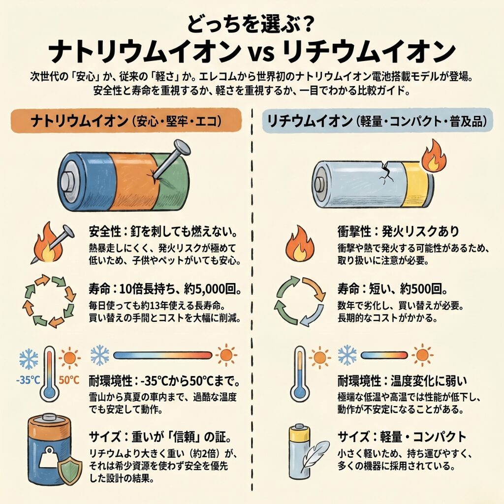 エレコムのナトリウムイオンバッテリーとリチウム電池の違い