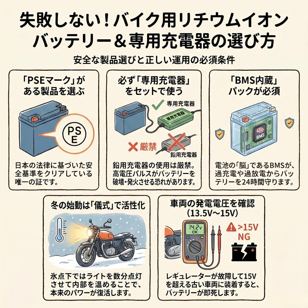 バイク向けリチウムイオンバッテリーと専用充電器の選び方