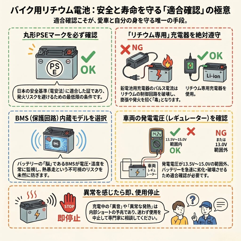 バイク用リチウムイオンバッテリーと充電器を守る適合確認