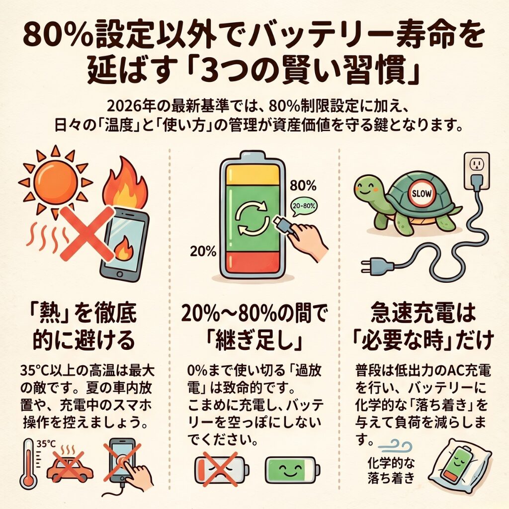 バッテリーが80パーセントで止まる設定以外で寿命を延ばす3つの習慣