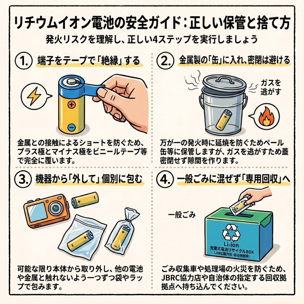 リチウムイオン電池の発火対策、缶での保管後の正しい捨て方