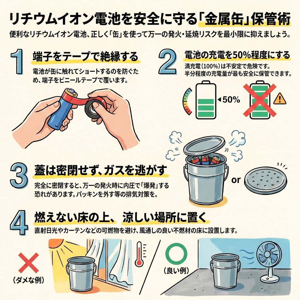 リチウムイオン電池の発火対策で缶を安全に使う保管手順