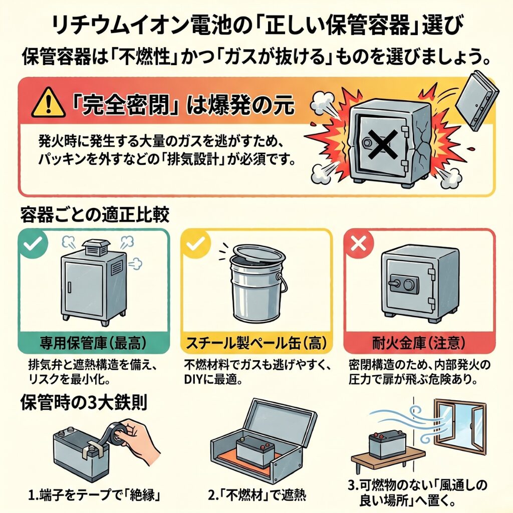 リチウムイオン電池の発火対策に適した缶や容器の比較