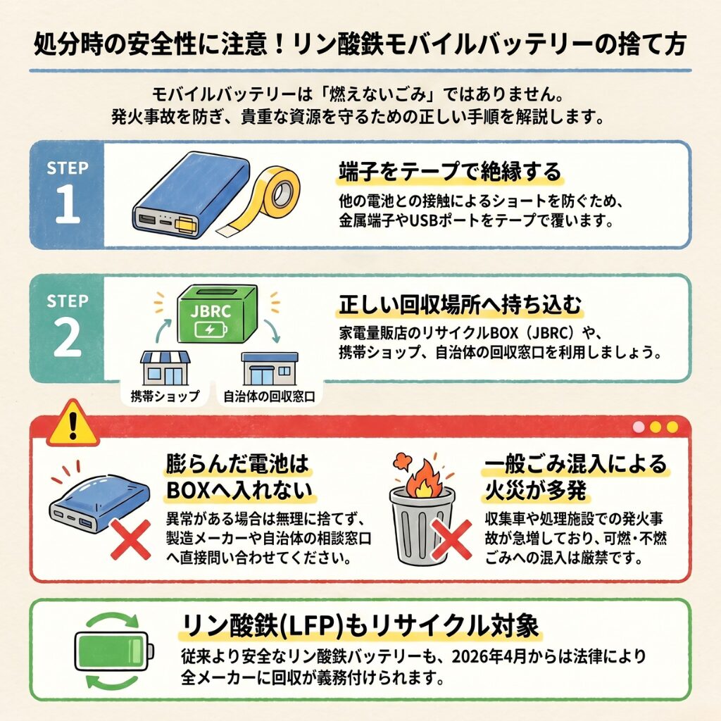 処分時の安全性に注意！リン酸鉄モバイルバッテリーの捨て方