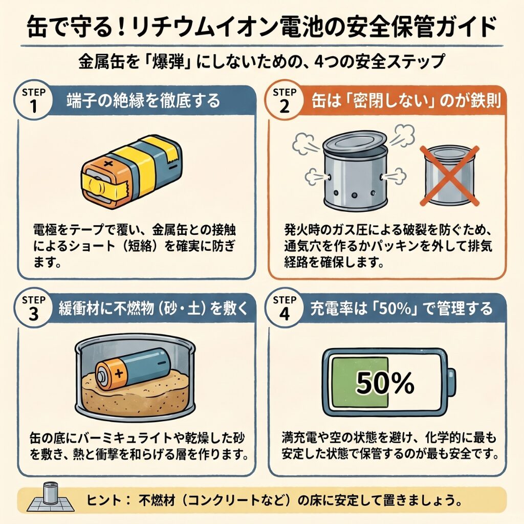 缶の保管に加えるリチウムイオン電池の発火対策と管理術